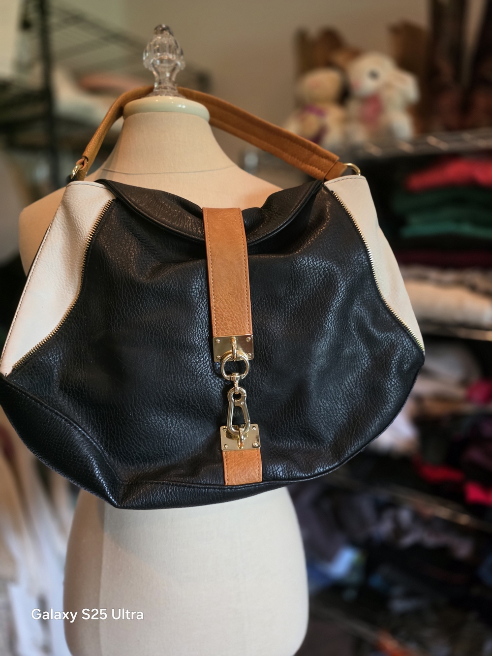 Olivia & Joy Black & Tan Hobo Shoulder Bag with Cream Accents
